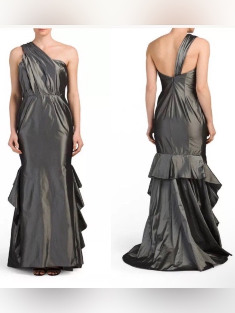Nicole Bakti one shoulder ruffle silver gray gown sz.0